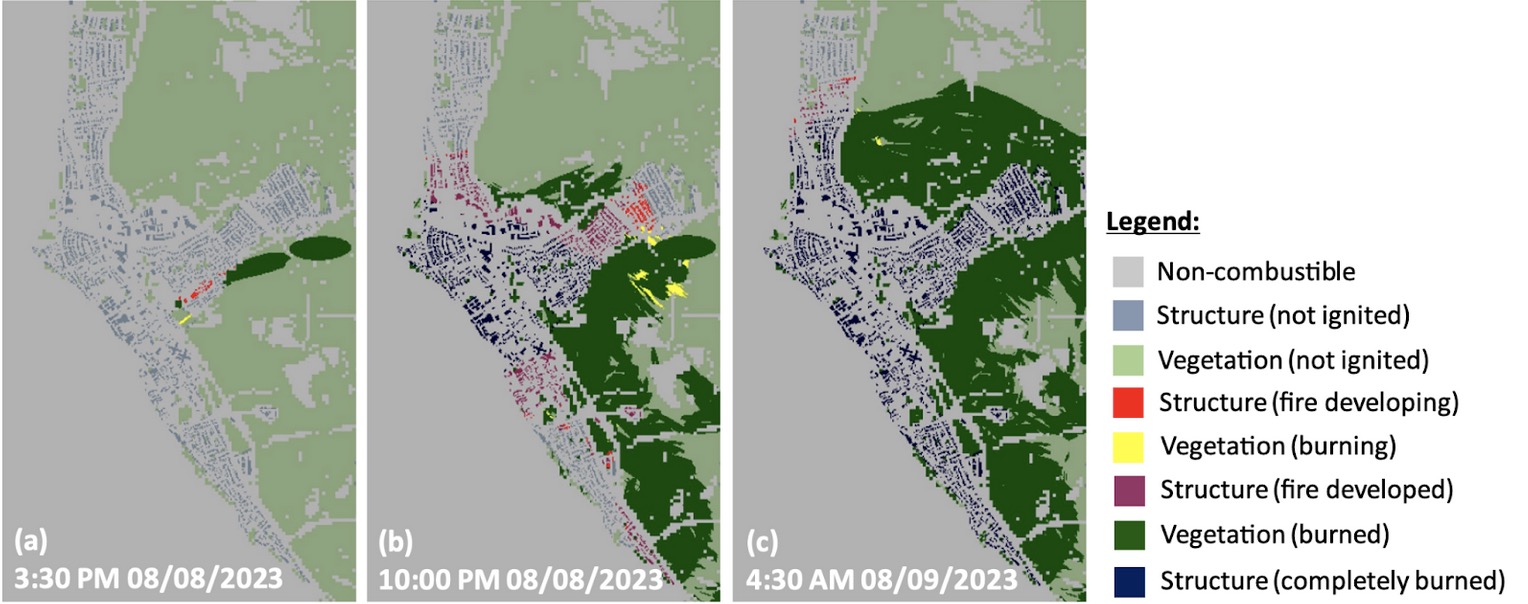 initial computer modeling of the fire propagation through Lahaina on August 8th and 9th